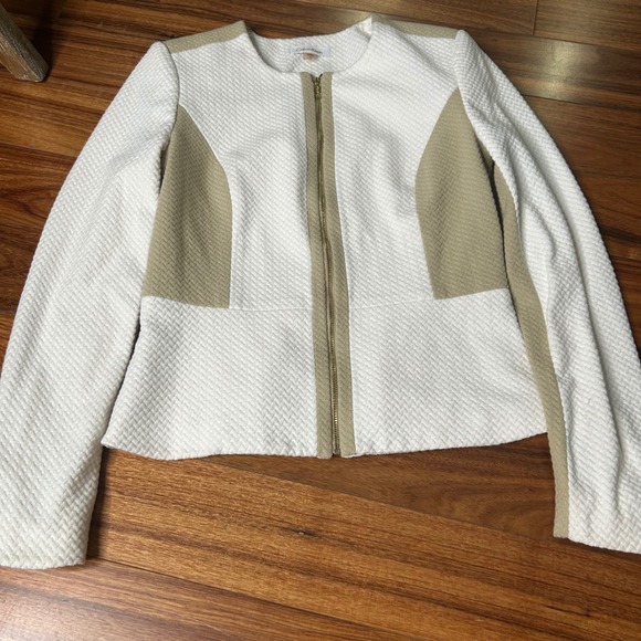 Calvin Klein Women's Skirt Suit Set White & Tan Textured Gold Zipper Size 2 - Picture 6 of 13